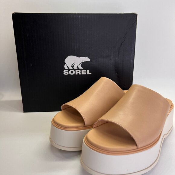 Sorel Dayspring Slide Sandal Size 8.5 Tan Leather Platform Comfort Casual Shoe - Picture 1 of 15